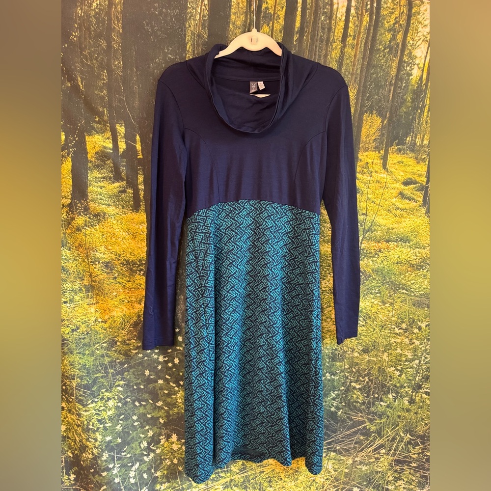 🌀 Ibex Providence Dress, Blue and Teal, Cowl Neck – Made in USA – Size Small